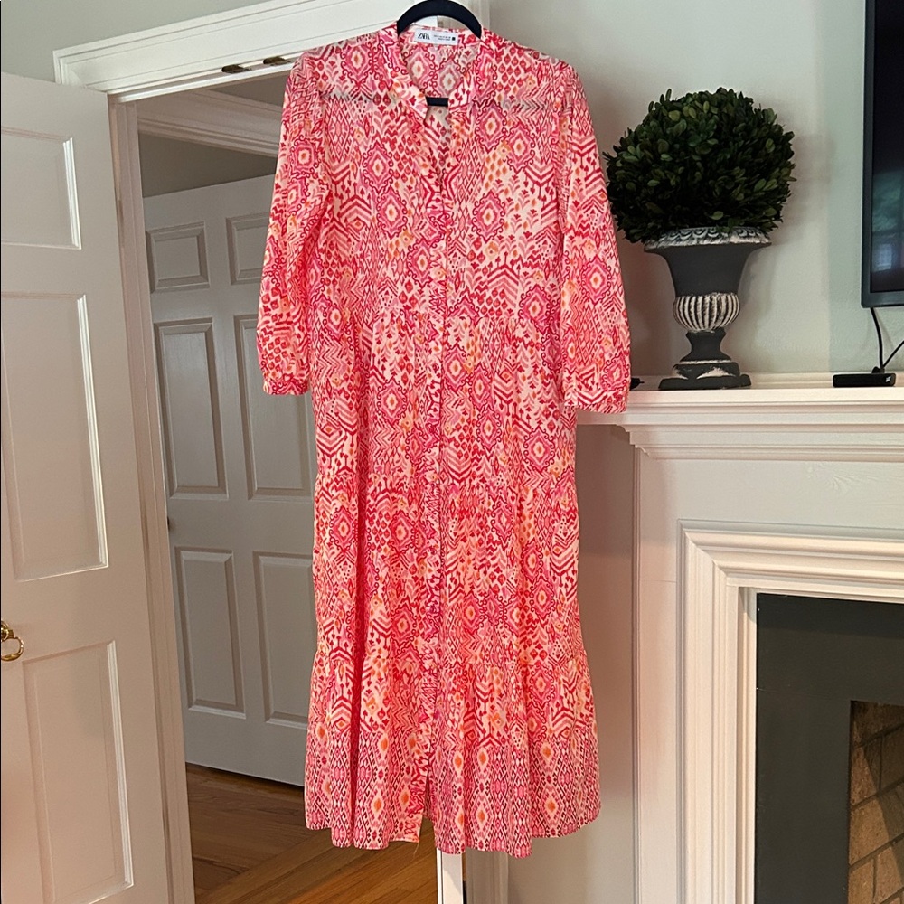 Zara Vibrant Pink with Orange Long Sleeve Dress